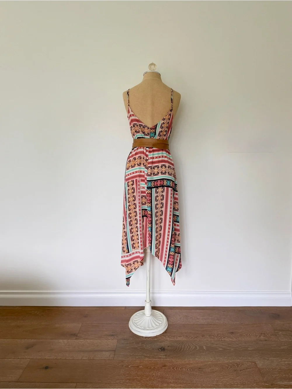 Romeo & Juliet Couture Coral Pink & Aqua Boho Handkerchief Hem Dress